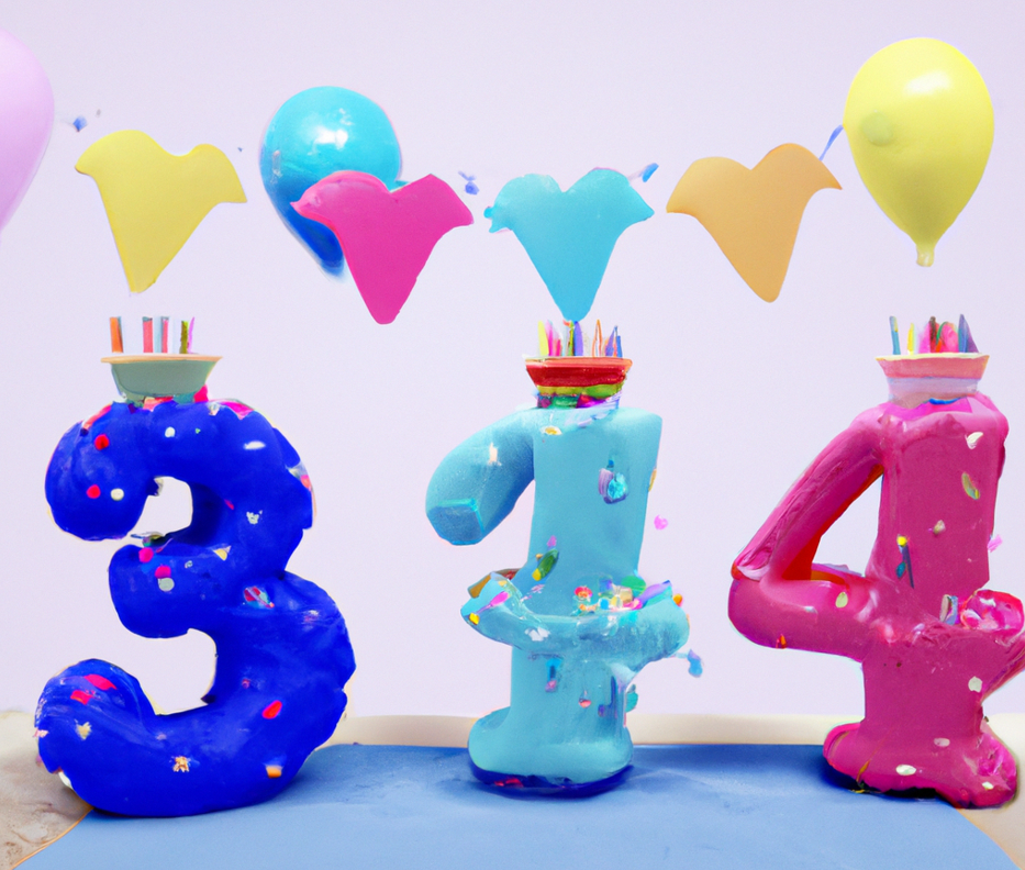 photorealistic render of the numbers 3,1,4, having a birthday party with hats and balloons. The numbers are upstanding and made out of cake.